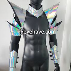 a black mannequin with holographics and armor on it's chest