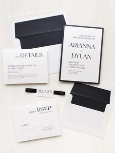 black and white wedding stationery with envelopes