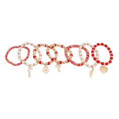 Gold, Pearl, and Red Glass Beads Stretch Bracelet Set Featuring Love Charms. 7 Pcs Set Cheap Red Bracelets With Charms, Cheap Handmade Red Charm Bracelet, Cheap Red Holiday Bracelets, Cheap Red Beaded Charm Bracelet, Bracelets Red, Pearl Love, Red Pearl, Arm Bracelets, Card Purse