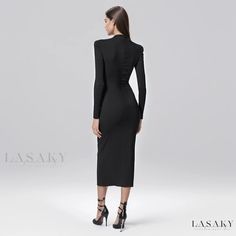 Lasaky - Seductive Long Sleeve Round Neck Fishbone Zipper Slim Fit Bandage Midi Dress Elegant Bodycon Dress With Zipper Closure For Night Out, Fitted Evening Dress With Zipper Closure, Elegant Bodycon Dress With Zipper For Night Out, Evening Bodycon Dress With Side Zipper And Long Sleeves, Elegant Bodycon Dress With Invisible Zipper, Evening Bodycon Dress With Long Sleeves And Side Zipper, Long Sleeve Bodycon Dress With Side Zipper For Evening, Fitted Long Sleeve Dress With Zipper Closure, Elegant Cocktail Bodycon Dress With Side Zipper