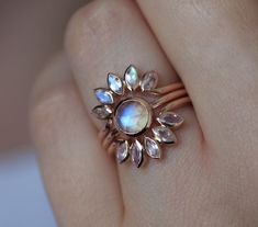 Rose Gold Moonstone Ring Set Floral Moonstone Ring Moonstone | Etsy Engagement Ring Moonstone, Rose Gold Moonstone Ring, Boho Engagement Ring, Gold Moonstone Ring, Moonstone Engagement Ring Set, Boho Engagement, Delicate Engagement Ring, Channel Set Rings, Sun Ring