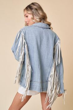 Introducing our Buckle Up Fringed Denim Jacket! Elevate your denim game with this edgy and stylish piece. Featuring fringe details and buckle accents, this jacket adds a touch of flair to any outfit. Edgy and stylish denim jacket with fringe details and buckle accents Versatile piece that can be dressed up or down for any occasion Made from high-quality denim for durability and comfort Perfect for adding a touch of flair to your everyday look Trendy Fringe Denim Jacket For Spring, Trendy Fringed Denim Jacket For Spring, Spring Rodeo Outerwear With Fringe, Rodeo Outerwear With Tassels, Spring Denim Jacket With Fringe, Trendy Denim Jacket With Fringe, Trendy Spring Outerwear With Tassels, Trendy Fringe Outerwear For Spring, Trendy Spring Fringe Outerwear