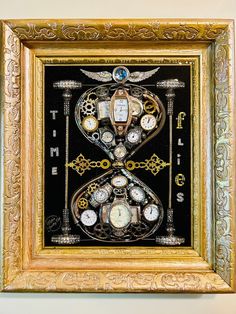 there is a painting with clocks in the shape of an hour and hour hands on it