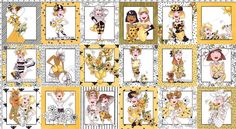 a yellow and white quilt with pictures of women in costumes on it's sides