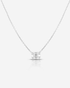 Petite Emerald Illusion Necklace – Ring Concierge White Cubic Zirconia Diamond Necklace With Baguette Diamonds, White Diamond Necklace With Baguette Cut Accents, White Baguette Cut Diamond Necklace With Accents, White Baguette Cut Diamond Necklace, Elegant Emerald Cut Diamond Necklace With Baguette Diamonds, Emerald Cut Solitaire Necklace With Diamond Accents, Elegant Emerald Cut Baguette Diamond Necklace, White Gold Baguette Jewelry With Single Cut Diamonds, Baguette Cut Solitaire Diamond Necklace