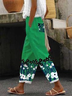 Women's Casual Floral Print Lounge Pants Baggy Printed Pants For Spring, Green Floral Print Vacation Pants, Green Printed Beach Pants, Casual Green Printed Bottoms, Baggy Summer Pants With Floral Print, Baggy Floral Print Pants For Summer, Casual Green Printed Pants, Green Printed Trousers, Green Printed Cotton Pants