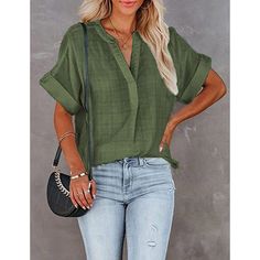 Army Green Print V Neck Pullover Short Sleeve Shirt Khaki V-neck Top For Spring, Casual Solid Color V-neck Shirt, Spring Casual V-neck Shirt, Casual V-neck Shirt For Spring, Casual Green V-neck Blouse, Khaki Cotton V-neck Top, Casual V-neck Blouse, Casual Short Sleeve Fall Blouse, Casual Short Sleeve Blouse For Fall