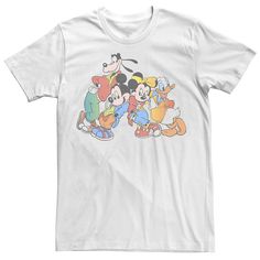 a white t - shirt with mickey mouse and friends on the front, all in different colors