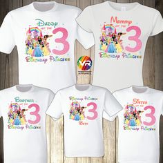 three disney princess birthday shirts with the number 3, 3, and 5 on them