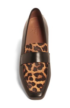 Elevate your wardrobe with a soft leather loafer featuring a leopard printed genuine calf hair vamp for eye-catching style. OrthoLite® footbed Leather and genuine calf hair upper/leather lining/leather and rubber sole Imported Asian Owned/Founded Black Calf Leather Loafers For Fall, Leopard Print Leather Loafers For Work, Leopard Print Leather Loafers For Fall, Fall Leopard Print Leather Loafers, Leopard Print Slip-on Loafers For Work, Fall Leopard Print Slip-on Loafers, Leather Leopard Print Loafers With Flat Heel, Leopard Print Leather Loafers With Flat Heel, Leopard Print Flat Heel Loafers For Work