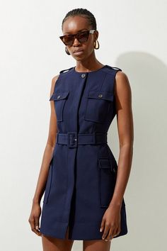 Clean Tailored Safari Cargo Pocket Belted Mini Dress | Karen Millen Sleeveless Vest Dress, Safari Dresses, London Fits, Military Style Dress, Hen Do Outfits, Cargo Dress, Workwear Capsule Wardrobe, Maladaptive Daydreaming, Plus Size Workwear