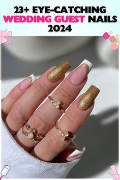 Short Plain Nails, French Tips Square, Wedding Guest Nail, Beautiful Gel Nails, Wedding Guest Nails, Free Hand Designs, Plain Nails, Gold Glitter Nails, Soft Nails