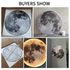 the moon is shown in four different pictures, and it appears to be made out of cardboard