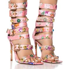 Shoes Fit For The Queen You Are. The Azalea Wangpastel Perfection Brocade " Enbodied Gladiator Sandal In Pink Is A Heavily Embellished Gladiator Sandal Featuring A Strappy, Floral Brocade Upper Set On A Slim, Stiletto Heel. Complete With Floral Rhinestone Accents And Luxurious Gemstone Detailing. Complete With A Mid Calf Shaft, An Open Square Toe Silhouette, Decorative Metallic Buckles, And A Back Ankle Zipper. - Open Toe - Stiletto Heel - Textileupper - 4.75” Heel Height - 8” Shaft Height Trendy Pink Floral Print Heels, Pink Floral Print Ankle Strap Heels, Azalea Wang Heels, Mint Green Heels, Pink Floral Print Open Heel Heels, Red Platform Heels, Multicolor Crystal Embellished High Heels, Gladiator High Heels, Pink Stilettos