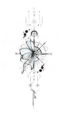 a black and white drawing of a butterfly on a starburst with stars around it