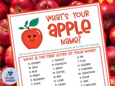 an apple name game is displayed in front of some red and green apples with the words, what's your apple name?