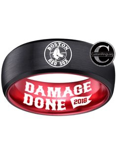 Boston Red Sox Ring Black and Red ring World Series Do Damage Damage Done 2018 Ring Tungsten Ring, sizes 6 - 13 available. Customize with a special name, date or message on the inside of the band. #boston #redsox #bostonredsox #mlb #baseball #championship #ring #dodamge #damagedone Customized Black Round Jewelry, Custom Black Jewelry For Anniversary, Customizable Black Promise Jewelry, Customizable Black Wedding Jewelry, Customizable Black Rings For Gifts, Red Sox Baseball, Red Ring, Red Rings, Go Red