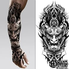 #forearm #samurai #tattoo design #tattoo idea #bng design #mask #samurai tattoo # japanese tattoo #demon mask #tattoo idea #hardstudio #pattern #katana #flower Hannya Maske Tattoo, Japanese Forearm Tattoo, Tato Lengan Bawah, Samurai Mask Tattoo, Tattoo Main, Oni Mask Tattoo, Guerriero Samurai