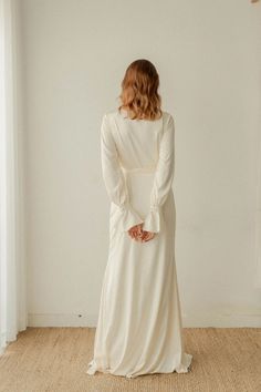 Dakota Off-white Long Sleeves Wrap Dress / Floor Length Satin | Etsy Fitted Maxi Length V-neck Wedding Dress, V-neck Bias Cut Maxi Dress For Weddings, Fitted V-neck Surplice Neckline Dress For Wedding, V-neck Bridesmaid Wrap Dress, Chic White V-neck Dress For Wedding, Elegant V-neck Wrap Dress For Bridesmaids, Beige V-neck Maxi Dress For Wedding, Elegant Maxi Wrap Dress For Wedding, Elegant V-neck Wrap Dress For Wedding