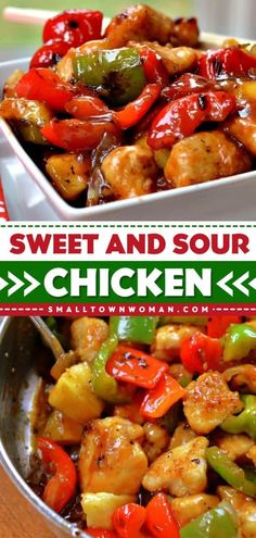 sweet and sour chicken with peppers in a pan on a wooden table next to the recipe title