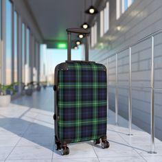 Make a statement while traveling with a custom designed carry-on roller suitcase - durable and fashionable. Perfect gift for avid traveler or a weekender bag. Three convenient sizes for a stylish jetsetter!  Tartan Plaid Luggage, Custom Suitcase, Weekender Bag, Carry-On, Roller Bag, Personalized luggage for your favorite traveler.  Traveling is best done in style, and suitcases help anyone do exactly that. Available in multiple sizes to accommodate your needs, they come with an adjustable handle, 360 degree swivel wheels, a safety lock, and an adjustable handle for carefree movement through airports and cities. To achieve high-resolution designs, prints go on a canvas surface that is encapsulated in the PC shell. .: Three sizes:  .: Small:  23 x 13.5 x 9 in.   7.5 lbs. .: Medium: 26.75 x 1 Portable Rectangular Travel Bag, Portable Travel Case, Rectangular Protective Travel Case, Rectangular Blue Luggage For On-the-go, Green School Bag With Luggage Sleeve, Rectangular Travel Bag With Luggage Sleeve For On-the-go, On-the-go Travel Bag With Luggage Sleeve And Rectangular Shape, Blue Rectangular Travel Cases, Green Cases With Luggage Sleeve For Everyday Use