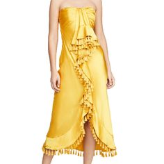 Brand: Cinq A Sept Size: 6 Color/Design: Yellow, Tassel Ruffle, Strapless Condition: New With Tags Yellow Silk Dress With Ruffles, Yellow Ruffled Midi Dress For Cocktail, Elegant Yellow Midi Dress For Beach, Elegant Beach Midi Dress With Fringe, Yellow Silk Beach Dress, Yellow Bohemian Dress With Tassels, Yellow Bohemian Evening Dress, Bohemian Yellow Evening Dresses, Yellow Silk Bohemian Dress