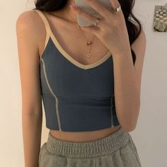 Contrast Trim Cropped Camisole Top Total Length Bust 29 80 measurement is cm.Product Information Material: 100% Cotton Color: Black Cropped Camisole, Tank Top Camisole, Mori Girl, Womens Activewear, Contrast Trim, Active Wear Tops, Korean Beauty, Asian Fashion, Kirby