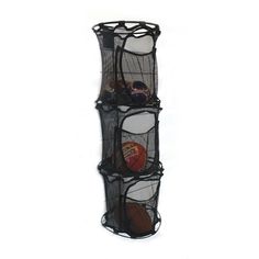 three tiered mesh storage rack with basketballs and other sports items in it on a white background