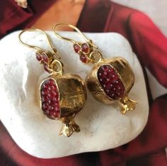 Pomegranate Design Earrings Pomegranate Jewelry Handmade - Etsy Red 22k Gold Earrings For Gift, Natural Stone Brass Earrings For Gift, Brass Earrings With Natural Stones, Brass Earrings With Natural Stones For Gift, Gold Garnet Dangle Earrings, Yellow Gold Garnet Earrings For Gift, Gold Garnet Earrings As Gift, Unique Garnet Gold Jewelry, Gold Garnet Earrings For Wedding