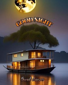 a houseboat floating on top of a lake under a full moon with the words goodnight above it