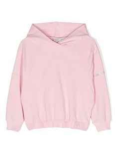 light pink stretch-cotton jersey texture appliqué logo classic hood long sleeves ribbed cuffs and hem straight hem Pink Cotton Hoodie With Logo Detail, Pink Hoodie With Logo For Winter, Casual Pink Hoodie With Logo Detail, Pink Winter Hoodie With Logo Detail, Pink Winter Hoodie With Logo, Pink Hoodie With Ribbed Cuffs For Loungewear, Spring Sweatshirt With Ribbed Waistband And Stretch, Stretch Sweatshirt With Ribbed Waistband For Spring, Winter Cotton Hoodie With Elastic Cuffs