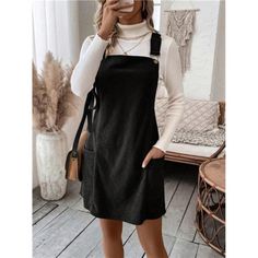 -Item Id 25498816 -Details: Button, Pocket -Neckline: Straps -Style: Casual -Type: Pinafore -Waist Line: Natural -Hem Shaped: Straight -Color: Black -Pattern Type: Plain -Sleeve Length: Sleeveless -Fit Type: Regular Fit -Length: Knee Length -Material: Knitted Fabric -Composition: 95% Polyester, 5% Elastane -Care Instructions: Machine Wash Or Professional Dry Clean -Sheer: No -Fabric: Slight Stretch **Open To Offers!!!** **Bundle To Save More** **30% Off Bundles Of 2 Or More Items!!** ***Orders G Classy Chic, Overall Dress, Chic Boutique, Boutique Dresses, Black Pattern, Colorful Sweaters, Knitted Fabric, Style Casual, Knee Length