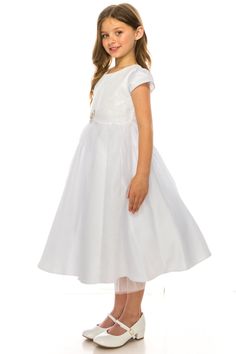 Pure white shiny hue adds delicacy and style to this precious Just Kids dress. Short sleeved flower girl dress features a brooch attached at waist and an overlaid skirt. Zipper fastening at back for an easy fit. Suitable for all kinds of festive events. Suitable for little girls. Princess Style First Communion Dress With Short Sleeves, Princess Style Short Sleeve First Communion Dress, Princess Style Short Sleeve Dress For First Communion, Princess Style Short Sleeve Dress For Confirmation, Princess Dress With Short Sleeves For Confirmation, Elegant Short Sleeve Princess Dress For Confirmation, Junior Bridesmaid Dress, Skirt Zipper, Junior Bridesmaid Dresses