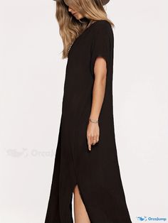 Orcajump - Plain Side Split Maxi Sun Protection Cover Up Dress, V Neck Loose Fit Short Sleeve Beach Kaftan, Women's Swimwear & Clothing Solid V-neck Beach Cover-up Dress, Flowy Black V-neck Beach Dress, Solid Color Shift Midi Dress For Vacation, Beach Shift Midi Dress, Longline Midi Dress For Summer, Vacation Maxi Dress Solid Relaxed Fit, Long Maxi Dress For Vacation, Solid Color Relaxed Fit Maxi Dress For Vacation, Long Solid Color Beach Dress