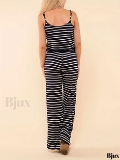 Bjux - Striped Print Drawstring Cami Jumpsuit - Sleeveless Womens Casual Jumpsuit for Spring and Summer Casual Cami Jumpsuits And Rompers For Beach, Casual Cami Jumpsuit For Beach, Striped Sleeveless Summer Bodysuit, Casual Cami Jumpsuits And Rompers For Vacation, Sleeveless Bodysuit For Loungewear, Casual Sleeveless Bodysuit For Summer, Casual Sleeveless Summer Bodysuit, Striped Sleeveless Bodysuit For Summer, Summer Sleeveless Jumpsuits And Rompers For Loungewear