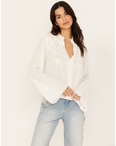 Cleo + Wolf Women's Cropped Button-Down Blouse , Cream Chic Flowy Button-up Top, V-neck Rayon Blouse For Daywear, Rayon V-neck Blouse For Daywear, Rayon V-neck Top With Button Closure, Flowy Button-up Top For Spring, Casual Long Sleeve Rayon Tops, Casual Button-up Viscose Tops, Relaxed Fit Rayon Blouse For Daywear, Casual Viscose Tops With Button Closure