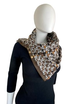 Bring your aesthetic to the next level with this sophisticated scarf! It measures 26" (66.04 cm) in length and 10" (25.4 cm) in width, crafted with 100% brown genuine leather and a 100% tweed wool blend fabric. Designer Wool Scarves For Fall, Luxury Brown Scarves For Winter, Chic Brown Scarf For Fall, Cowl Neck Scarf, Leather Scarf, Brown Tweed, Sleek Look, Neck Scarves, Neck Warmer