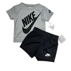 This Is Nike Baby Boy 2 Piece Size 24m T-Shirt & Shorts Set Dri-Fit Gray Black White Brand New 100% Authentic -Condition: Brand New With Tag -Retail: 40.00 Measurments First To Assume Proper Fit Approx Pictures Measurements Taken With Item Lying Flat, Not Stretched Colors May Appear Lighter/Darker Due To Monitor Pixel Variations Black Cotton Short Set, Nike Sets With Letter Print And Short Sleeve, Gray Playwear Sets For Summer, Black Graphic Print Playwear Sets, Black Graphic Print Sets For Playwear, Gray Short Sleeve Letter Print Sets, Nike Black Summer Sets, Sporty Black Short Sets, Black Letter Print Playwear Sets