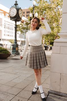 Embrace your fall style with our Marren Blazer & Skirt! Featuring a timeless plaid tweed in gray and tan, a v-neckline with collar, sleek long sleeves and functional buttons. Complete with pockets and lining. This gray and tan plaid tweed skirt features a knee-length pleated design, perfect for a playful and stylish look. mommy & me, cozy layering outfits, street style fashion, fall neutrals, city chic fall outfits, autumn workwear, warm tones, cozy coffee shop looks Fall Plaid Lined Skort, Fall Plaid Mini Tennis Skirt, Preppy Lined Skort For Fall, Plaid Skirted Skort For Fall, Fall Preppy Lined Tennis Skirt, Preppy Lined Tennis Skirt For Fall, Fall Preppy Pleated Lined Skirt, Fall Mini Skirt With Pleated Hem, Layering Outfits Street Style