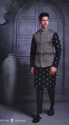 Note : This product does not include the kid's wear. If in case you want to order for kid please request through conversation or custom order.  Set of 3 kurta pajama with Modi Jacket/ Nehru Jacket / Waist Coat.  These Men's Kurta shirts can be customized as per your requirement and your measurement.  Item details Handmade item Made to order Materials Top color: Black Kurta  Bottom color:Black pajama  Jacket color:   black sequence  work printed modi jacket Waist Coat  Art Dupian, Raw silk,Import Black Kurta, Indian Shoes, Kurta For Men, Black Pajamas, Men's Kurta, Raw Silk Fabric, Kurta Pyjama, Waist Coat, Nehru Jacket