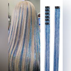 6 Piece Set Of Clip In Extensions. Blue Tinsel. 20 Inch Extensions, Tinsel Wig, Fairy Kit, Hair Tinsel, Blue Fairy, Clip In Extensions, Hair Spray, Clip Ins, Wig Hairstyles