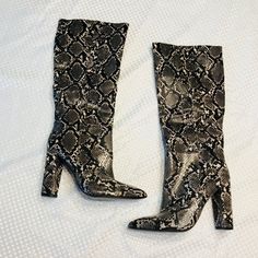 Nwot See Pictures For Condition Leather Snake Print Heeled Boots With Pointed Toe, Snake Print Leather Heeled Boots With Pointed Toe, Fall Leather Heeled Boots With Snake Print, Leather Heeled Boots With Snake Print For Fall, Black Snake Print Boots For Fall, Elegant Gray Winter Boots, Leather Heeled Boots With Snake Print And Round Toe, Elegant Leather Snake Print Boots, Gray Formal Boots For Fall