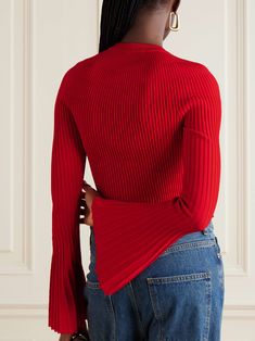 Trendy Ribbed V-neck Cardigan, Designer Long Sleeve Sweater For Work, Fitted Textured Knit V-neck Outerwear, Chic Ribbed Collar Knit Top For Fall, Chic Knit Top With Ribbed Collar For Fall, Chic Fitted Sweater With Ribbed Neckline, Elegant Ribbed Knit Top For Winter, Trendy Ribbed Sweater For Layering, Chic Long Sleeve Fine Knit Cardigan