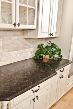 a kitchen with white cabinets and black granite counter tops, along with a plant on the island