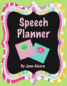 a book cover with the words speech planner written in pink, green and yellow colors