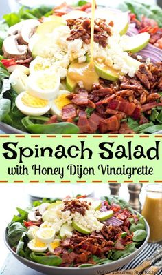 spinach salad with honey dijond vinaigrete and hard boiled eggs