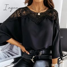 Ingvn - New Crochet Embroidery Lace Blouses Women Autumn Sexy Stitching White Shirts Vintage Long Sleeve Stretch Blouse With Lace Patchwork, Long Sleeve Blouse With Lace Patchwork And Stretch, Stretch Long Sleeve Blouse With Lace Patchwork, Stretch Lace Patchwork Long Sleeve Blouse, Black Long Sleeve Tops With Lace Patchwork, Black Long Sleeve Top With Lace Patchwork, Black Long Sleeve Tops With Lace Trim, Casual Lace Patchwork Tops For Parties, Casual Tops With Lace Patchwork For Party