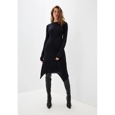 Helmut Lang Long Sleeve Rib Wool Sweater Midi Dress - Size L - New With Tag - Color: Ink (Deep Navy Blue, Almost Black) - Multidirectional Ribbing Accentuates The Long, Lean Lines Of A Sweater-Dress With A Handkerchief Hem Made To Move With Fluttery Elegance - Slips On Over Head - Crewneck - Long Sleeves - Unlined - 100% Wool Stretchy Lightweight Knit - Approx Measurements Lay Flat: Pit To Pit 16.5" Unstretched Waist 13.5" Unstretched Hips 18" Unstretched Length 40" To 45 1/2" Sleeves 25" Ribbed Sweater Dress For Evening In Winter, Ribbed Sweater Dress For Winter Evenings, Black Midi Dress With Asymmetrical Hem For Winter, Asymmetrical Hem Winter Work Dress, Winter Workwear Dress With Asymmetrical Hem, Chic Winter Midi Dress With Asymmetrical Hem, Sweater Jumper Dress, Sweater Midi Dress, Wool Knit Sweater