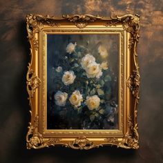 an oil painting of white roses in a gold frame on a brown wall with dark background