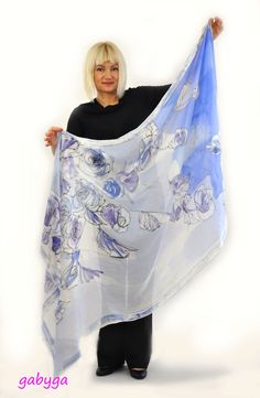 Hand painted silk Shawl Scarf/Blue roses/Painting Silk by GABYGA Blue Floral Print Shawl For Spring, Elegant Blue Dupatta For Spring, Spring Blue Floral Print Silk Scarf, Elegant Hand Painted Blue Silk Scarf, Elegant Blue Shawl-style Dupatta, Blue Silk Scarf For Wedding, Elegant Hand Painted Blue Scarves, Elegant Blue Hand Painted Scarves, Mona Singh